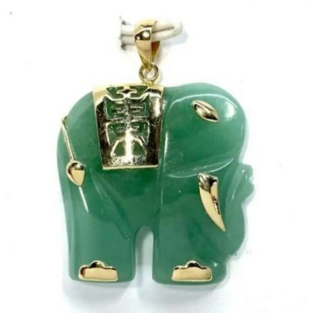 Stamped 14K Yellow Gold Carved Nephrite Jade Elephant Pendant - Picture 2 of 9